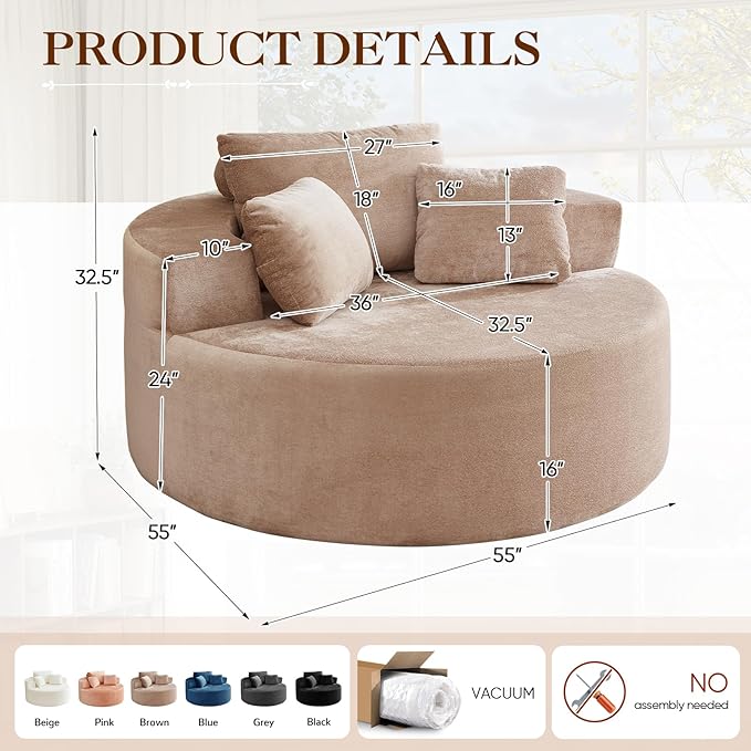 Antetek Oversized Round Chaise Longue Chair Indoor, Modern 55-inch Upholstered - Image 2