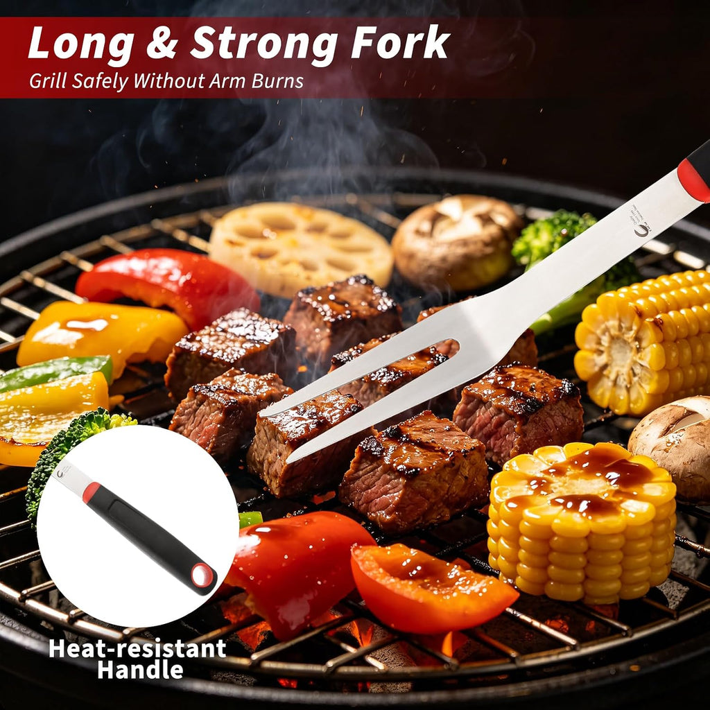 BBQ Tools Set, 4 PCS Heavy Duty Stainless Steel Spatula, Fork, Tongs with Portable Bag, Essential Accessories for Barbecue Outdoor Grill, Grilling Gifts for Men Dad Camp Chef