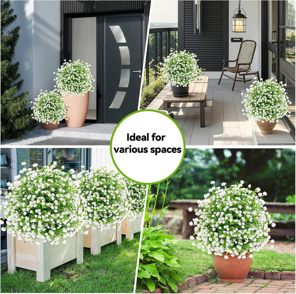ENVEN White Artificial Flowers for Outdoors, 2 Pack | UV Resistant | 63-Stem Fake Greenery Bushes with Ground Stakes for Garden, Porch, Patio Decor (White Green)