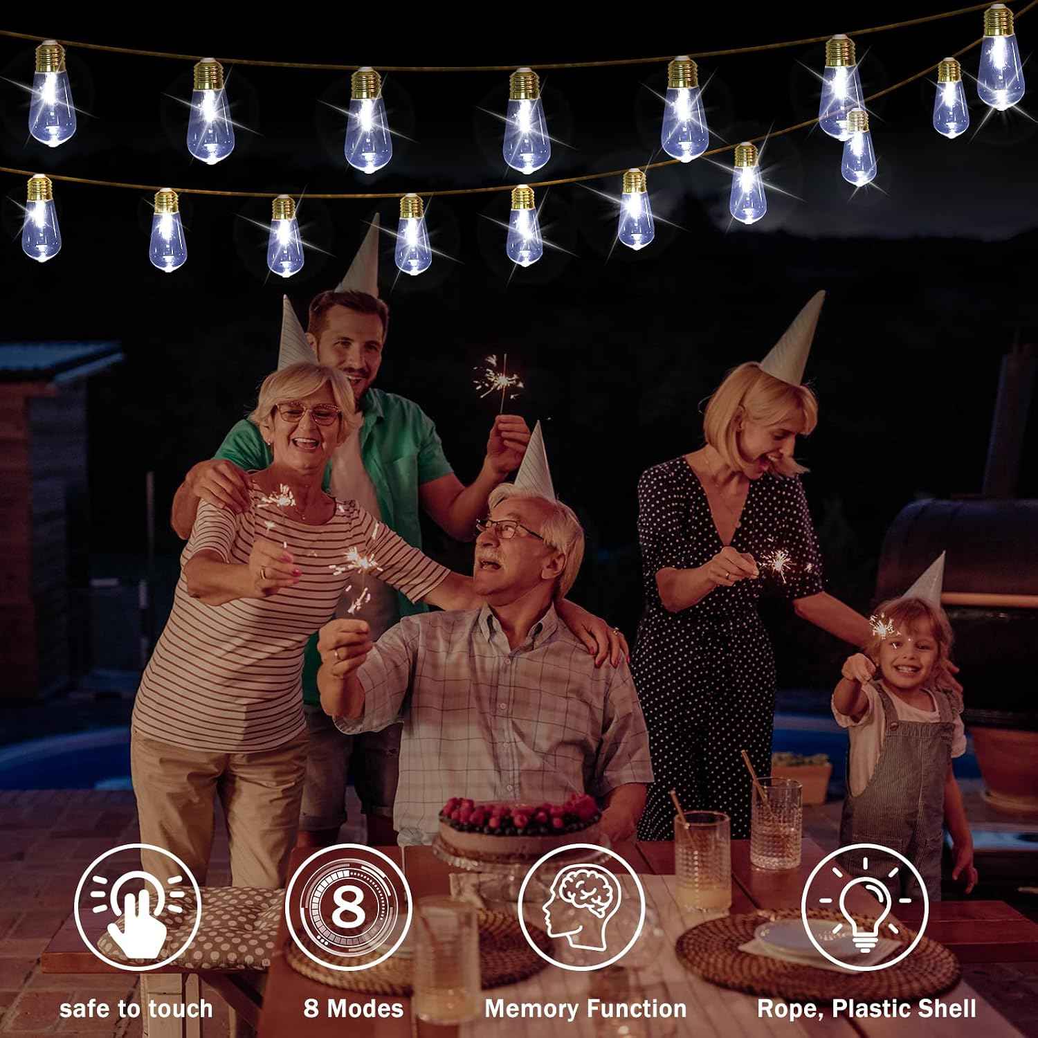 (New) Outdoor String Lights, 24FT LED Patio String Lights, UL-Plug Waterproof 8 Modes Rustic Hemp Rope String Lights, Shatterproof Plastic Bulbs for Backyard, Garden, Porch, Wedding, Christmas Decor