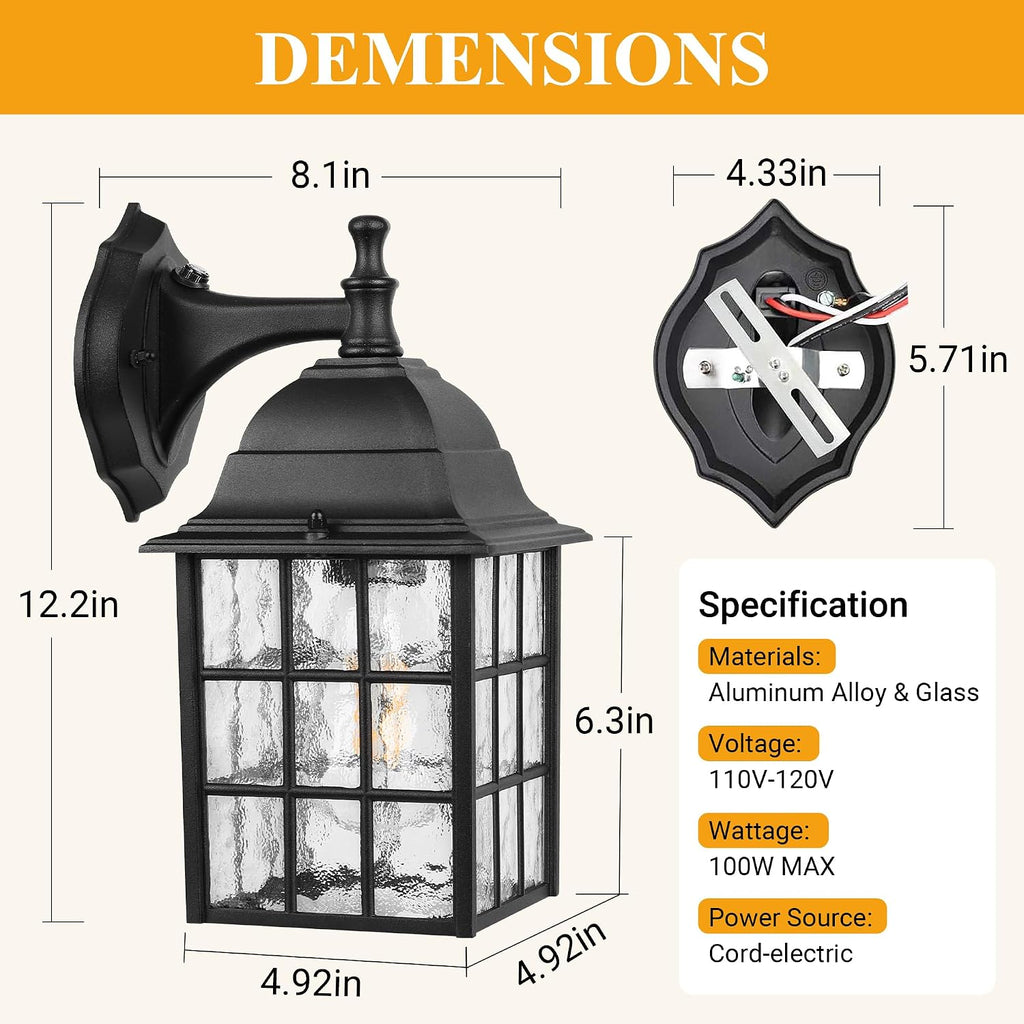 WIHTU Dusk to Dawn Outdoor Wall Lights 2Pack, Classic Exterior Porch Light | Aluminum Frame, Water Rippled Glass, Waterproof, E26, Sensor Exterior Lighting Fixtures, Wall Sconce For Garage, Front Door