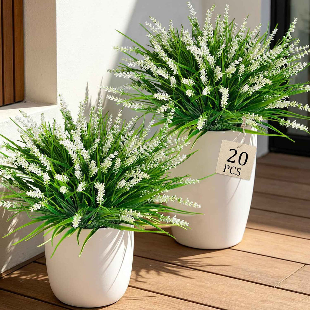 20Pcs Fake Plants Artificial Flowers Monkey Grass for Outdoors，UV Resistant Realistic White Artificial Plants Outdoor，No Fade Greenery Shrubs Outside Decor for Courtyard Porch Patio Garden