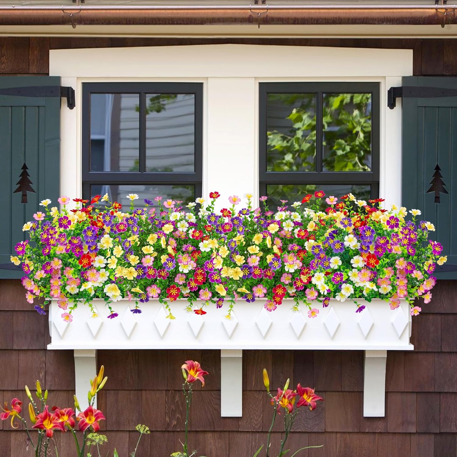 Ouddy Decor 24 Bundles Artificial Silk Flowers for Outdoors, Mixed Color | Realistic fake plants, faux greenery, UV resistant, indoor outside garden porch window box planter office table home decor