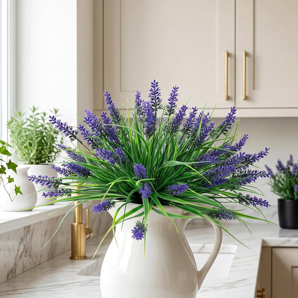 12Pcs Artificial Fake Flowers Monkey Grass for Outdoors, UV Resistant Realistic No Fade Faux Greenery Plants with Purple Flowers for Planter Home Garden Porch Patio Window Box