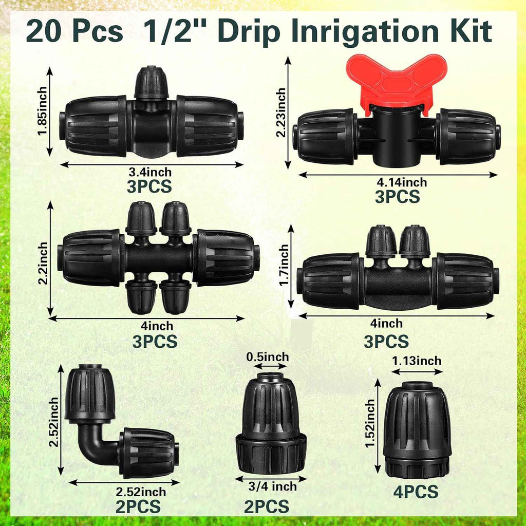 Rossesay 20 Pcs 1/2 Inch Tubing Drip Irrigation Fittings Kit for Drip Line Connectors Water Drip System Include 2 Elbow, 3 Switch Valves, 4 End Cap, 2 Couplings, 3 3 Way,3 4 Way,3 6 Way Connector