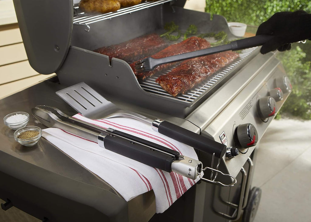 Weber® Precision Grilling Tool Set, 3‑Piece | Weber® Stainless-Steel Tongs, Spatula & Silicone Basting Brush w/ Non‑Slip Handles & Hands‑Free Locking - Grill Accessory Kit