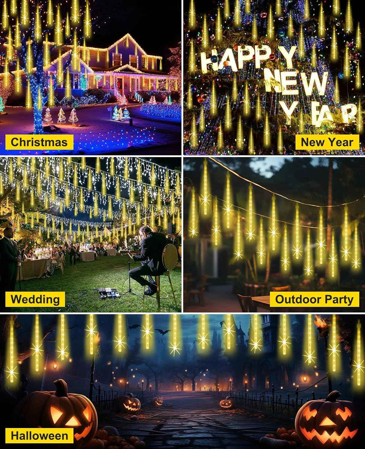 EAGWELL Christmas Falling Rain Lights Outdoor 12" 10 Tubes, Warm White | 240 LEDs Meteor Shower Lights Rain Drop Light Snowfall Icicle Cascading String Lighting for Xmas Holiday Tree Garden Decor