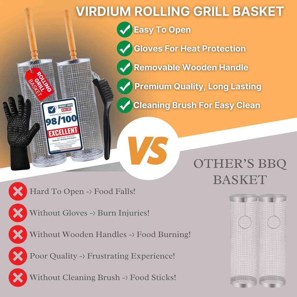2X Rolling Grill Basket For Veggies Removable Wooden Handle 304 Stainless Steel Nesting Smoker Net BBQ Grilling Accessories Tools Kebab Fish Vegetable Steamer Basket Camping Cooking Outdoor Kitchen Food Rotisserie Barbeque Cooking Grilling Gifts For Me...