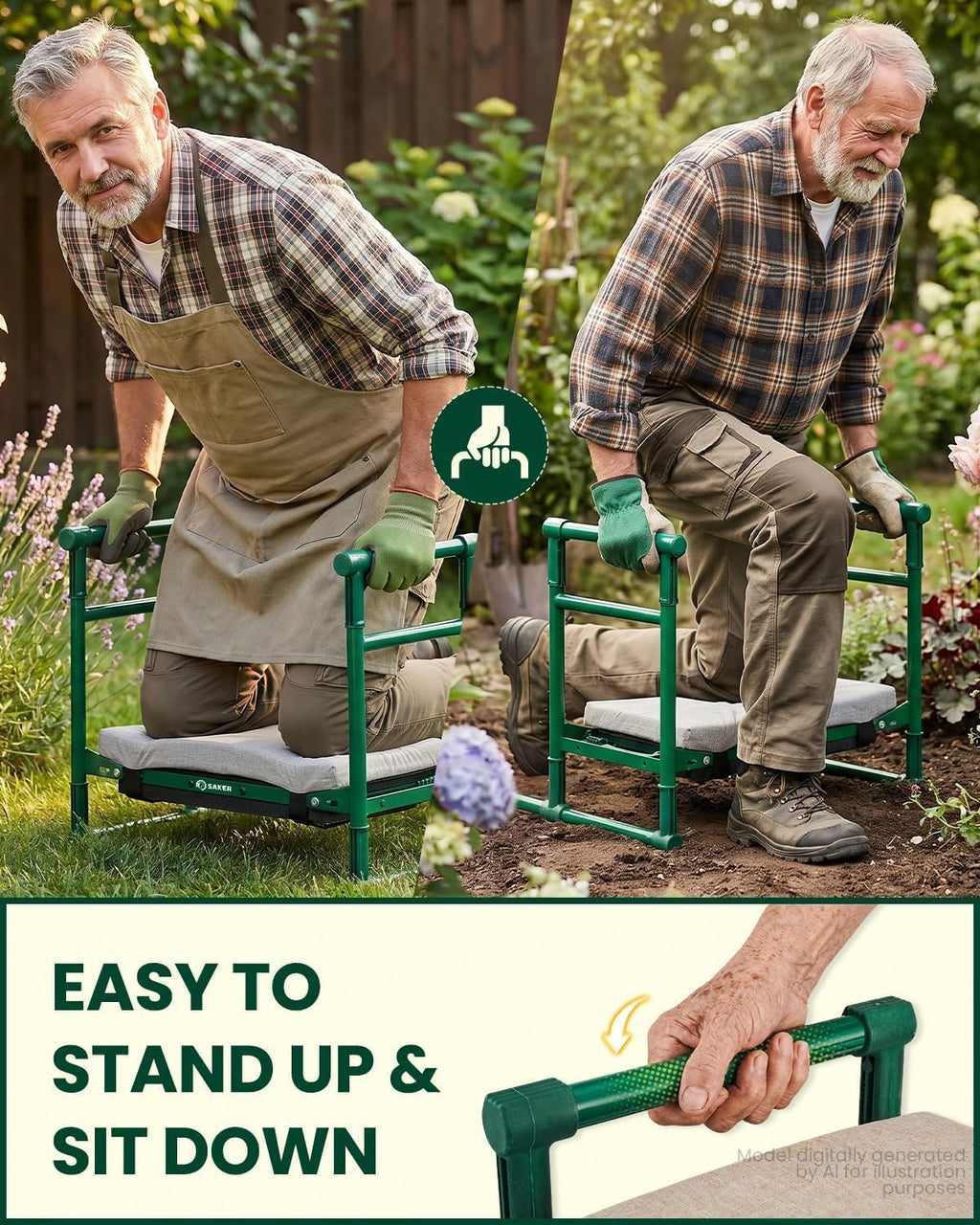 Saker 2026 Upgraded Garden Kneeler and Seat with 500LB Frame & Soft Pad | Foldable Stool, Heavy-Duty Steel, Comfortable Kneeling, Support for Elderly Gardening & Weeding(Basic Version)