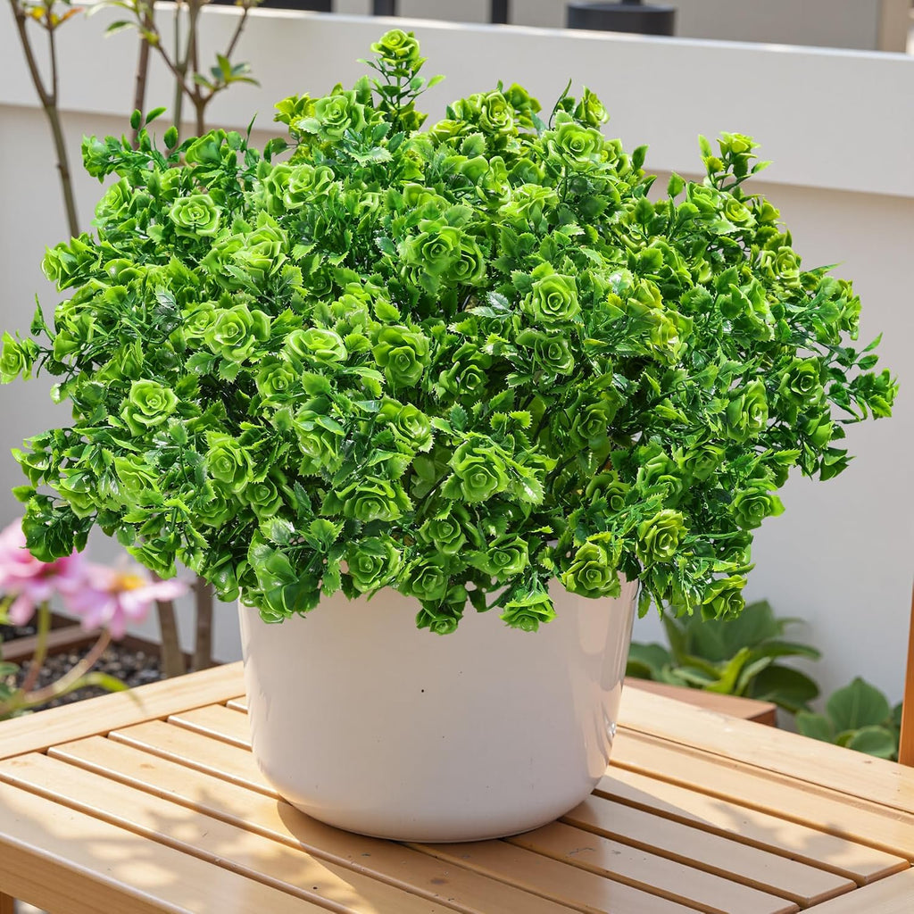 HyeFlora Artificial Plants for Outdoors Outside Spring Summer Decoration, 12 Bundles Faux Green Plastic Leaves Stems Bulk Fake Greenery Look Real UV Resistant for Home Porch Patio Planter Yard Wedding