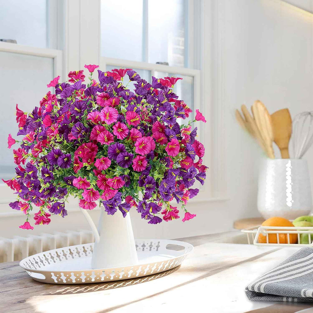 Artificial Flowers for Outdoors 12 Bundles Realistic Faux Plants UV Resistant Fake Silk Morning Glory with Eucalyptus for Front Door Planter Patio Porch Spring Summer Decoration (2 Mixed Color)
