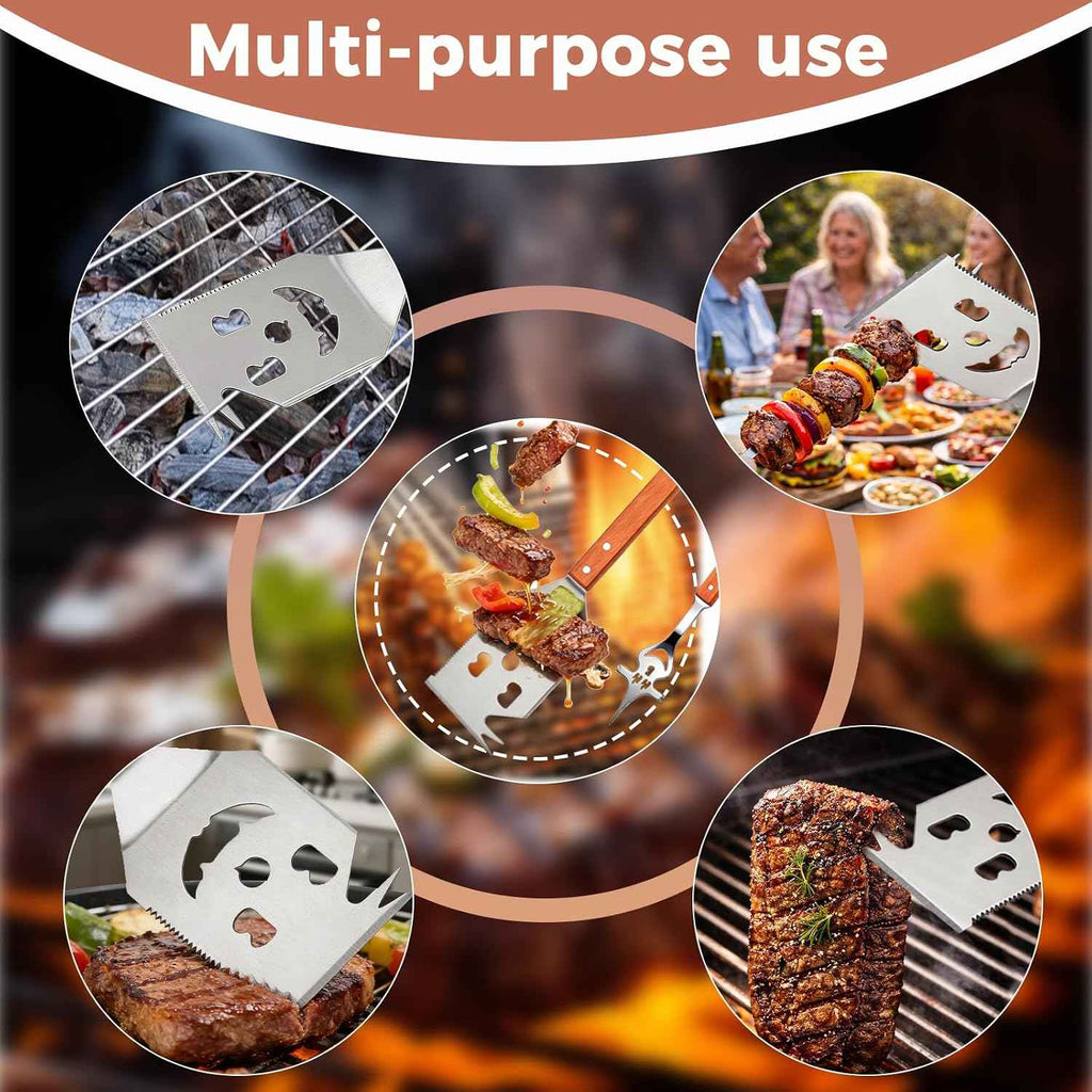2 PCS Grilling Accessories Birthday Gifts for Men,Dad Funny Grill Tools Set | Heavy-Duty Stainless Steel 7-1 Grill Spatula & 5-1 Fork BBQ Tool Set with Wooden Handles,BBQ Accessories for Outdoor Grilling