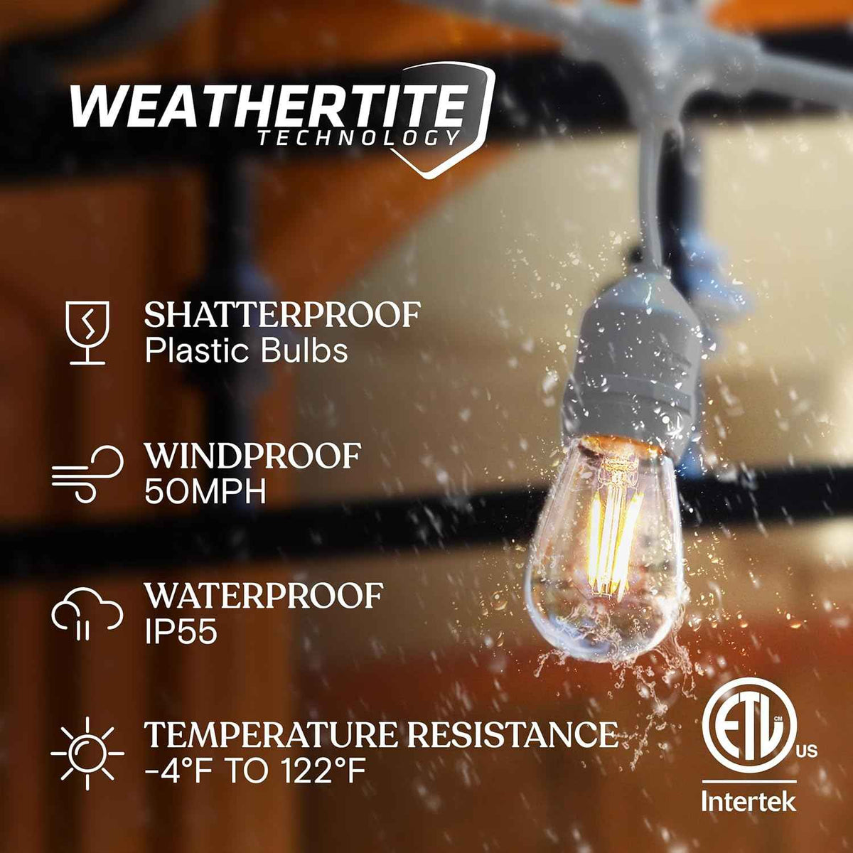 Brightech Ambience Pro Waterproof LED Outdoor String Lights, 48 Ft, Hanging, Dimmable Vintage Edison Bulbs, 15 Bulbs, 2W