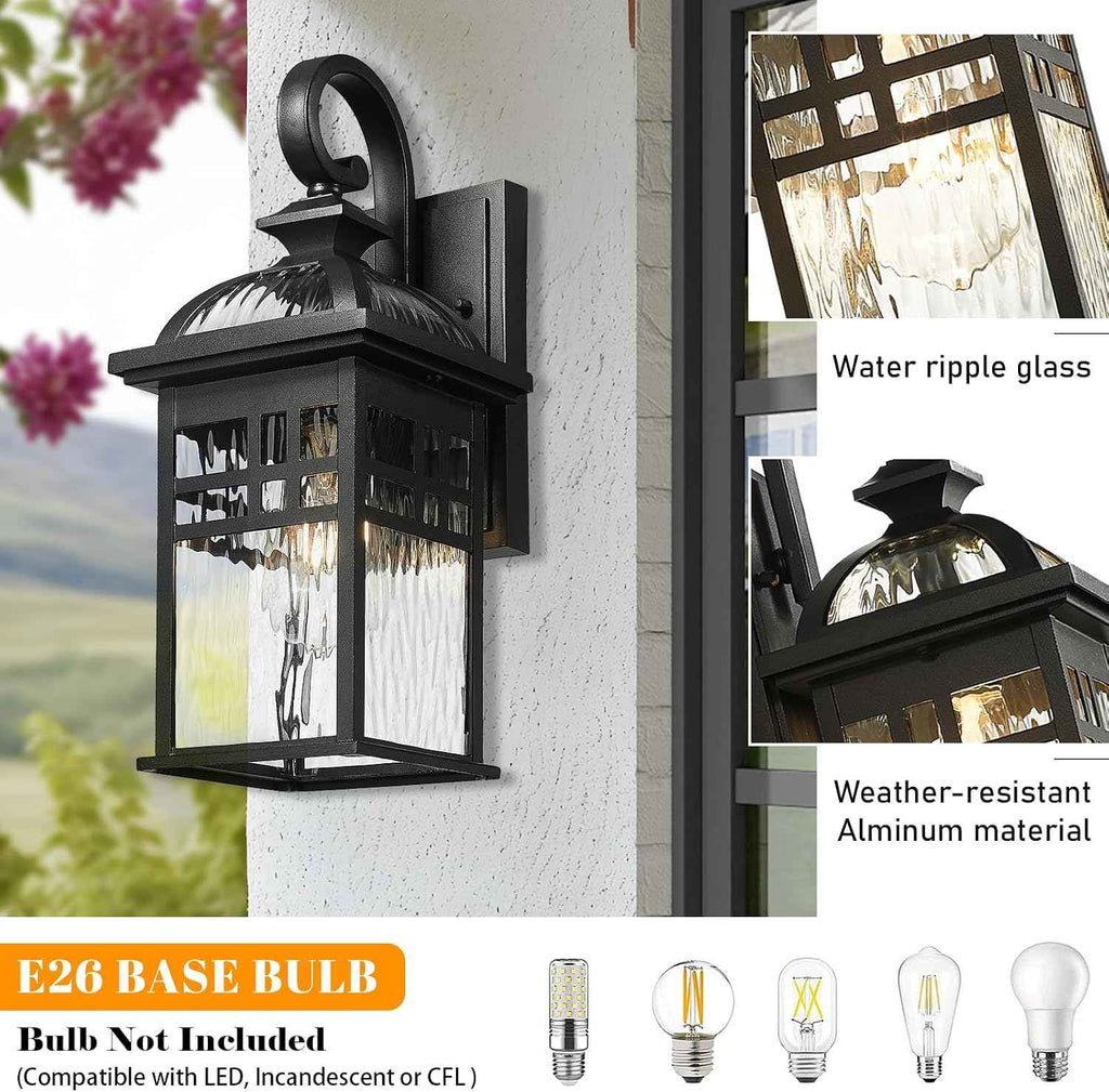 Porch Lights Outdoor Lighting Exterior Lighting Fixture | 15 Inch Height Black Outdoor Wall Lights Water Ripple Glass, E26 Socket