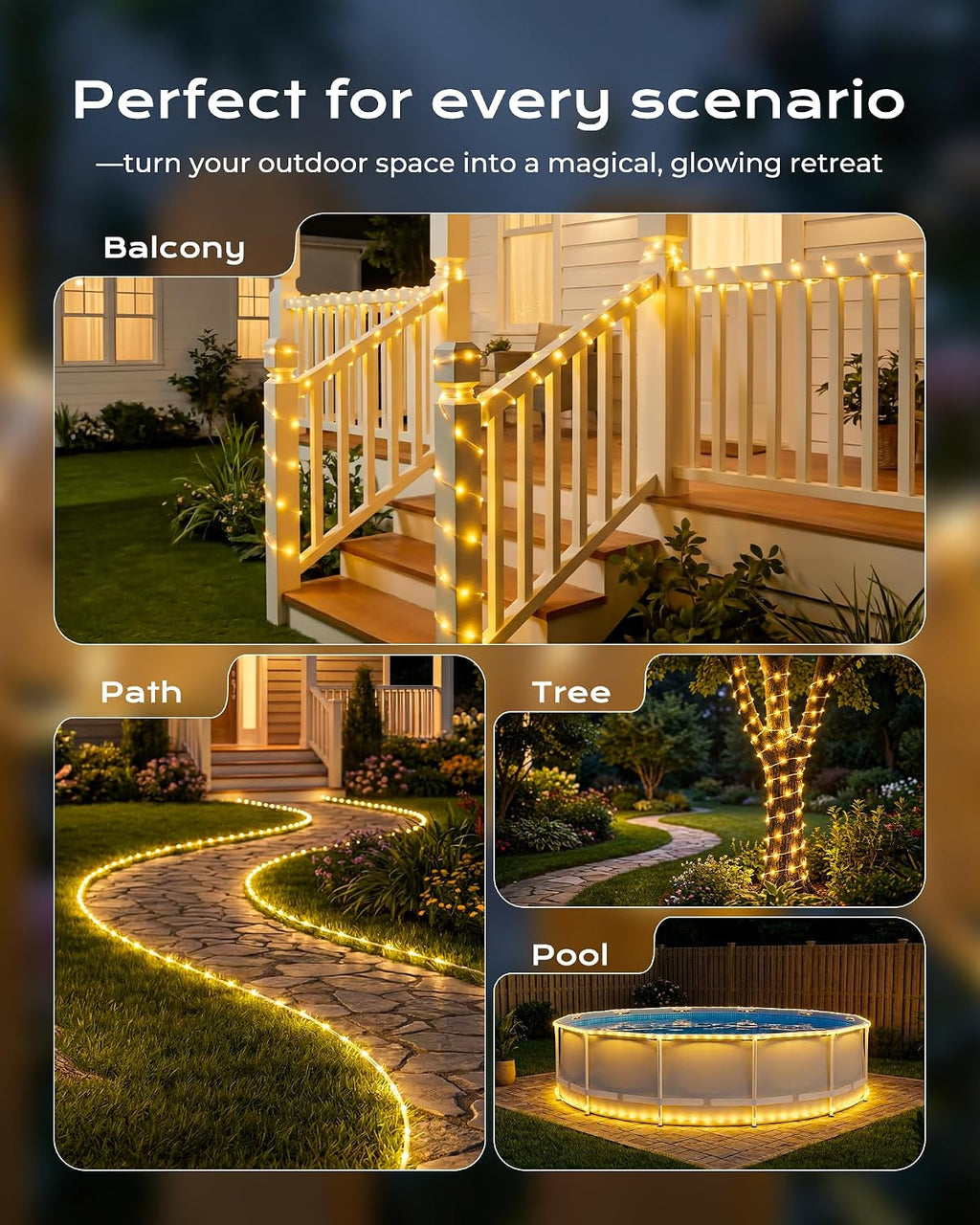Brightown 2 Pack Total 78FT 200LED Warm White Solar Rope Lights Waterproof | IP65 waterproof solar fairy lights with 8 lighting modes, solar powered, perfect decor for yard, garden and outdoor tree