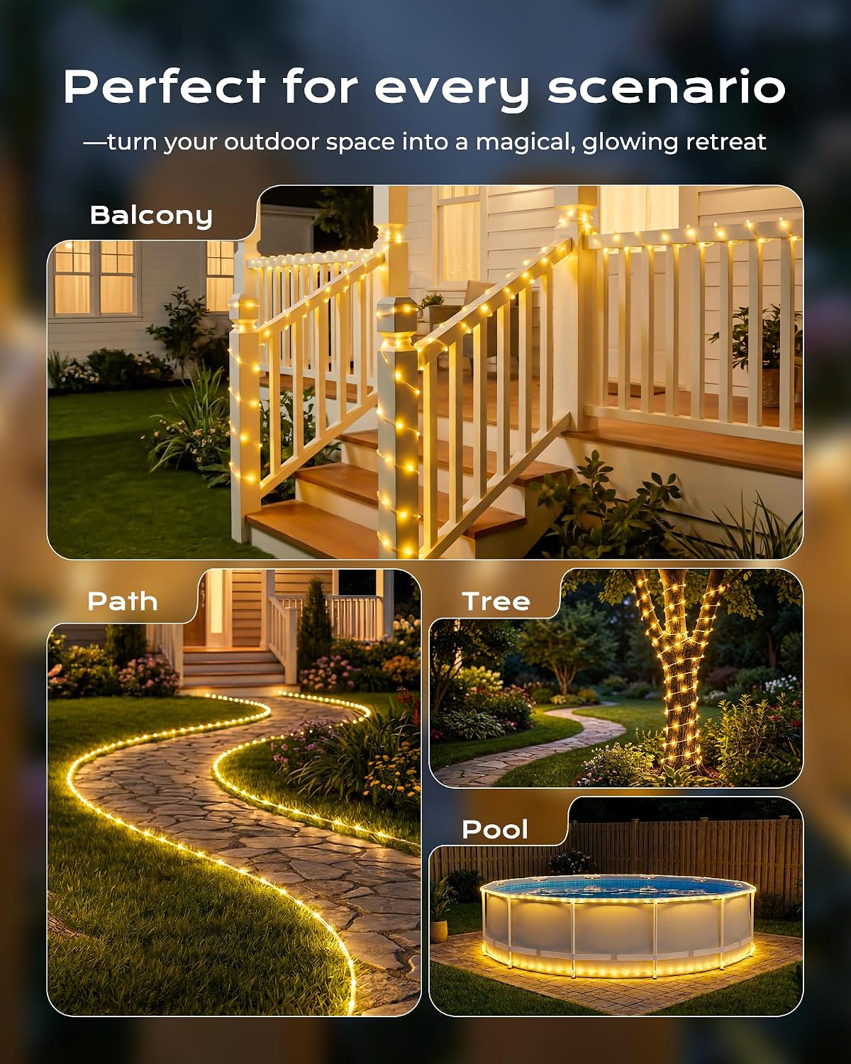 Brightown 2 Pack Total 78FT 200LED Warm White Solar Rope Lights Waterproof | IP65 waterproof solar fairy lights with 8 lighting modes, solar powered, perfect decor for yard, garden and outdoor tree