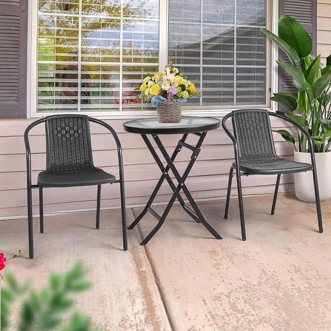 VINGLI PE Rattan Outdoor Dining Chairs Set of 2, Plastic Stackable Patio Chairs - Image 7