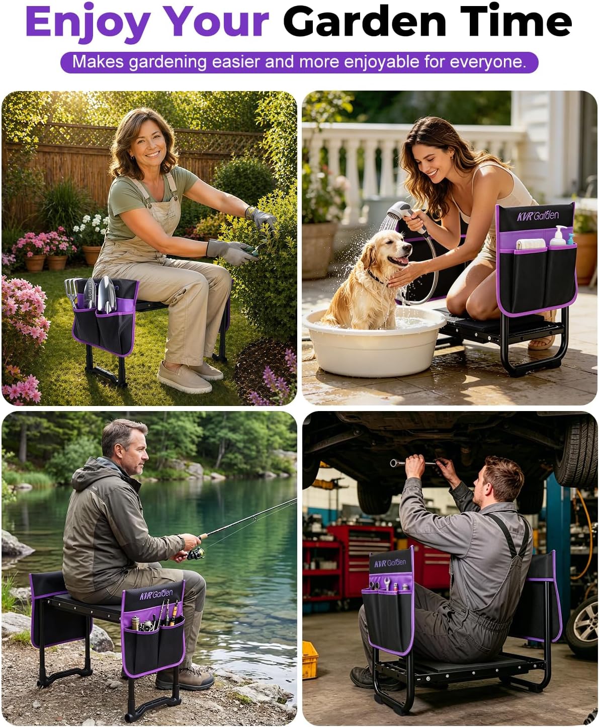 Garden Stool & Kneeler 7-Piece Set with 3 Aluminum Tools, Double-Layer Tote Bag & 2 Side Pouches - Foldable Gardening Bench Kit - Ideal Gifts for Women Mom Seniors (Purple)