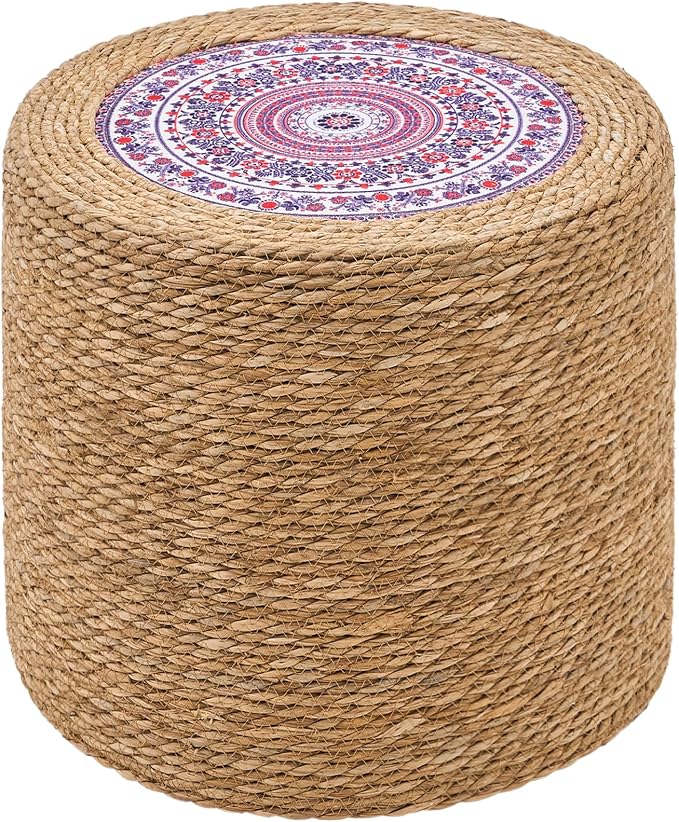 Handwoven Ottoman Pouf, Natural Seagrass Footstool, Round Braided Outdoor Seat by LGENHOOMHandwovenNaturalWaterHyacinthBasket