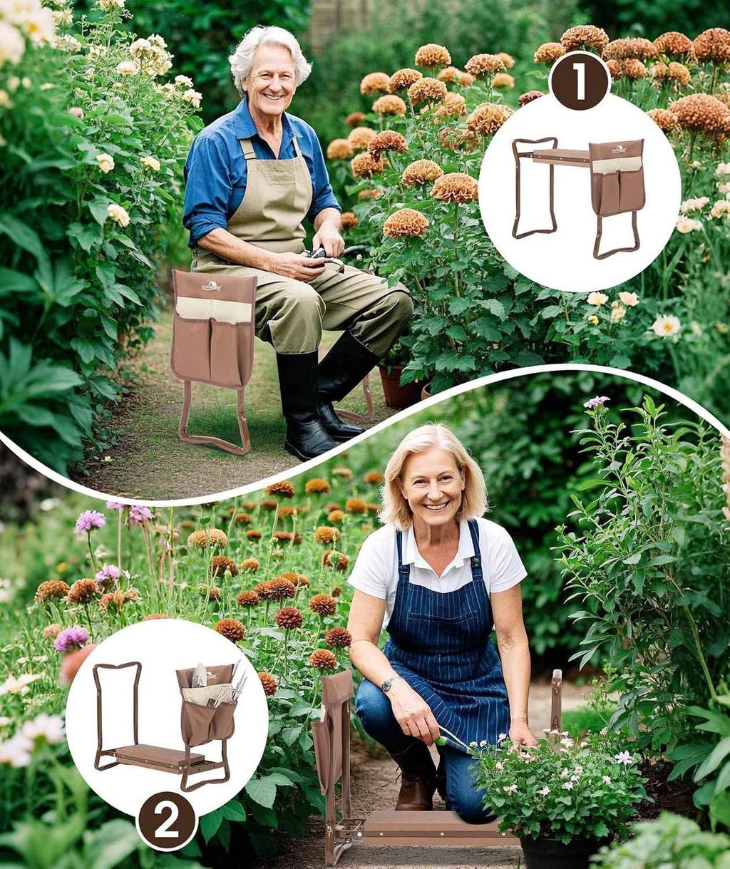 LUCKYERMORE Garden Kneeler and Seat Folding Kneeling Bench Stool with Tool Pouches Soft EVA Foam for Gardening,Asiento Garden Kneeler,Brown