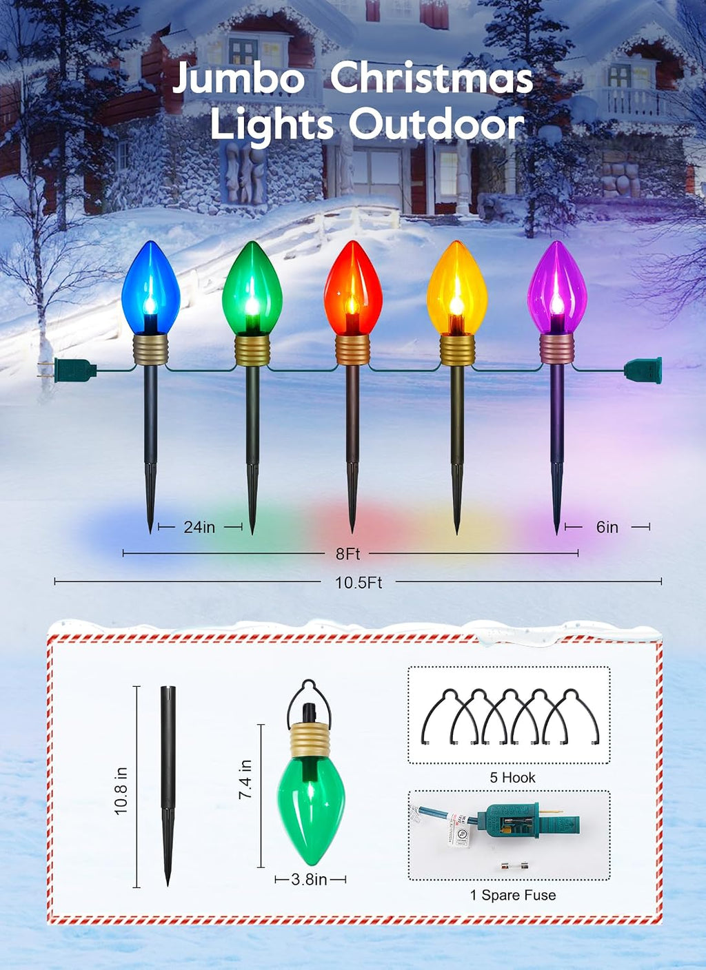 Christmas Lights Jumbo C9 Outdoor Lawn Decorations with Pathway Marker Stakes, 2 Pack 8.5 Feet String Lights Covered Jumbo Multicolored Light Bulb for Holiday Outside Yard Garden Decor, 10 Lights