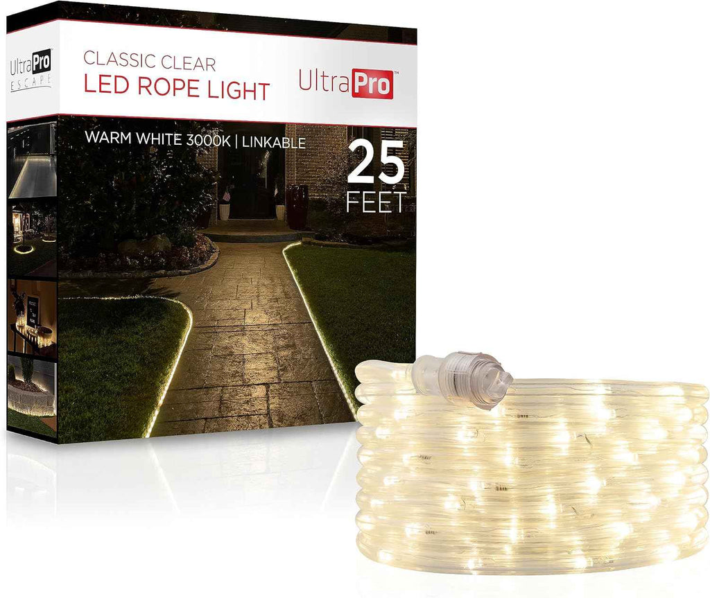 UltraPro 25 Foot LED Rope Lights, Clear Rope, Warm White 3000K, Outdoor