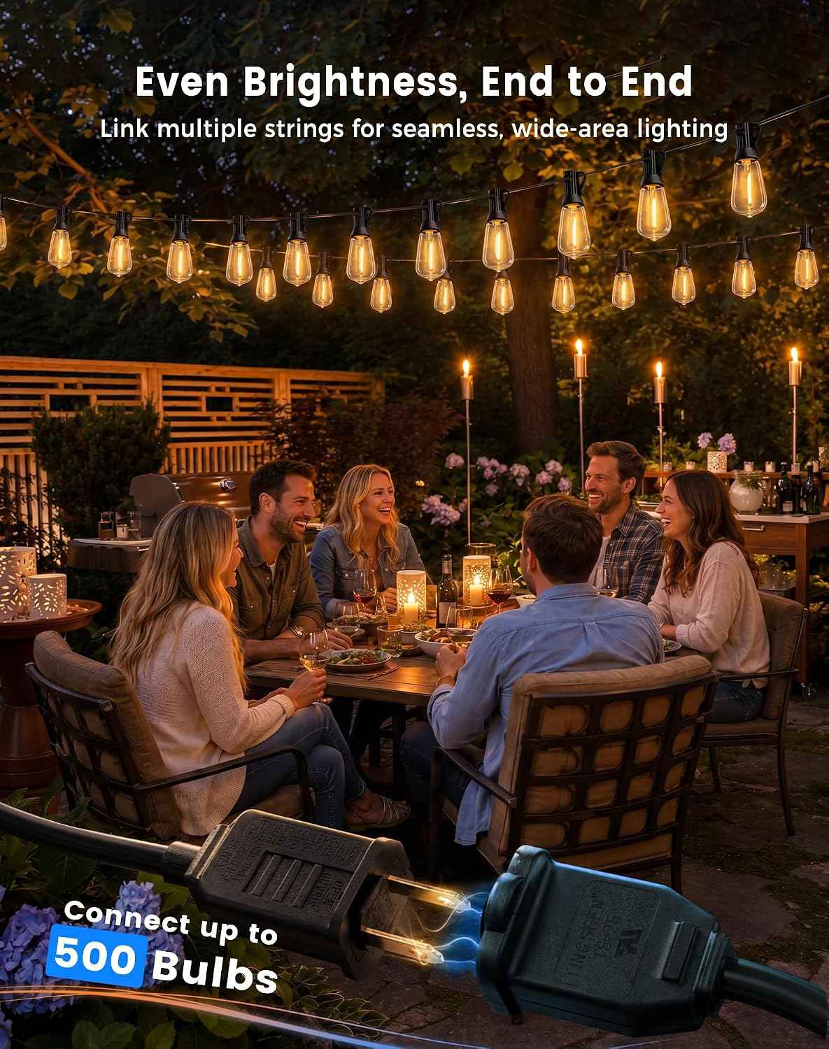 60FT(50+10) String Lights Outdoor, 2FT Bulb Spacing, Waterproof Shatterproof Warm White ST38 LED Edison Bulbs, Extension Cord, Plug in Connectable Hanging Patio Lights for Outside, Backyard