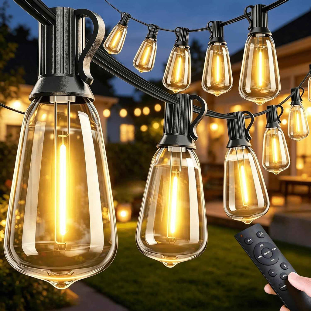 Outdoor Patio String Lights: 100Ft 30M Outside Waterproof Light - Remote Dimmable ST38 Shatterproof Bulb Connectable Hanging Outdoor Electric Lighting - Backyard Yard Gazebo Porch Party