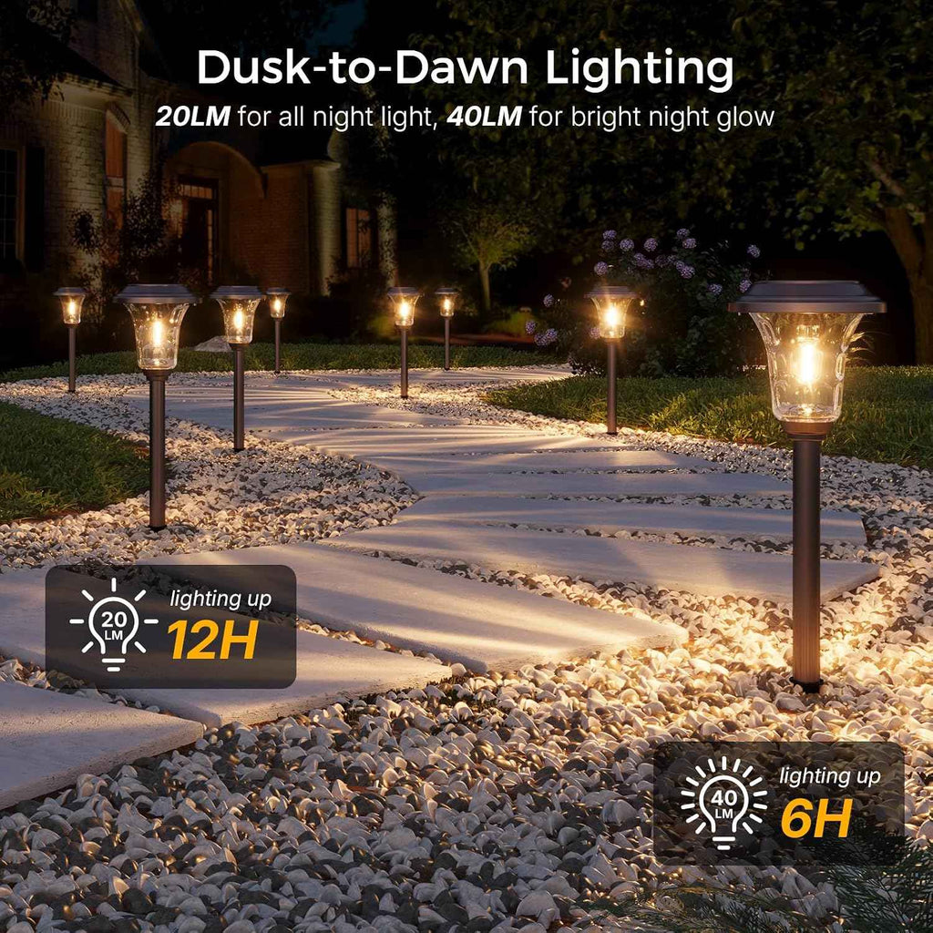 XMCOSY+ Solar Lights Outdoor, 6 Pack Metal Glass Solar Pathway Lights | Bright 20/40LM Landscape Lighting with Warm/Cool White, Solar Powered Waterproof Lights for Yard, Path, Walkway, Driveway