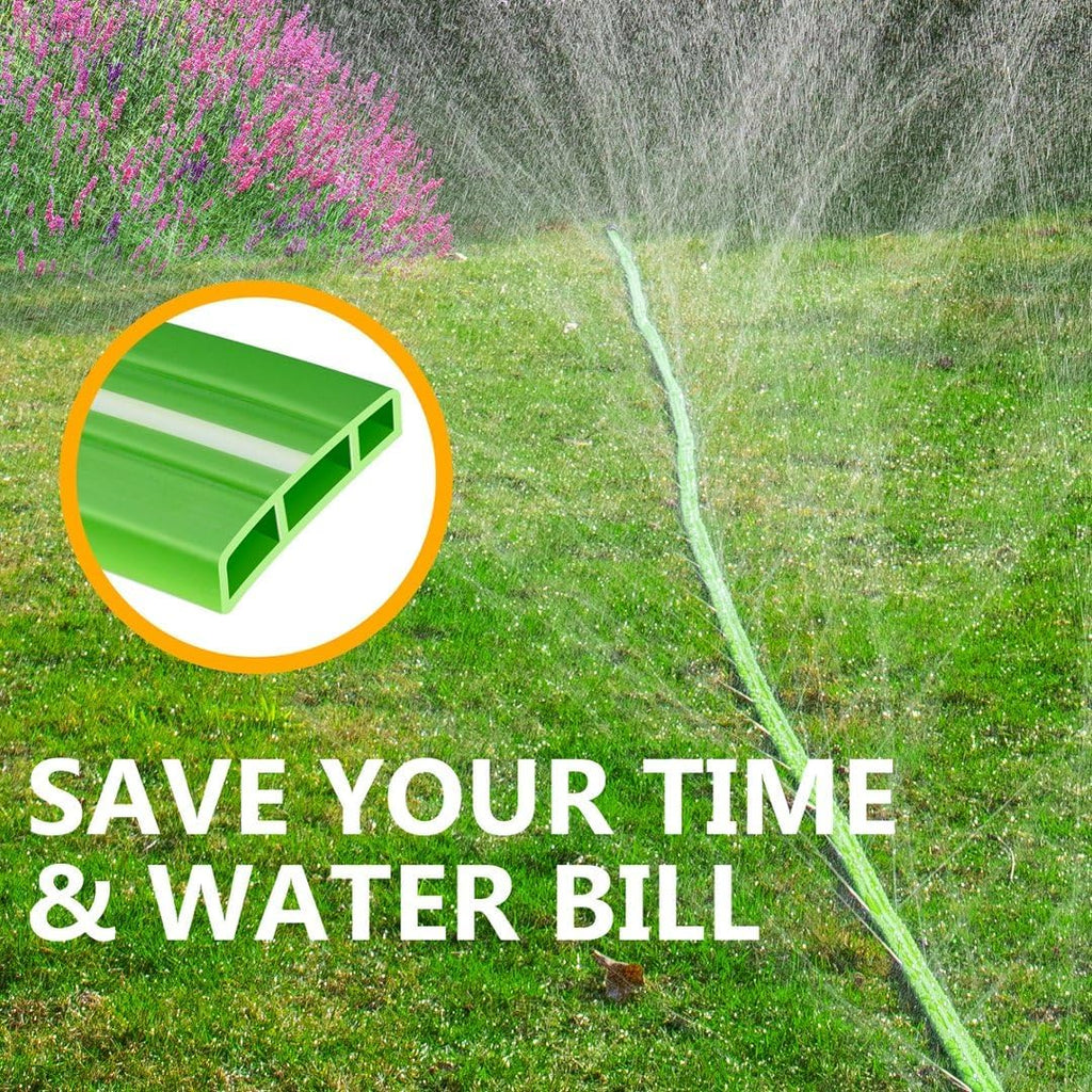 LAVEVE Heavy Duty Sprinkler Soaker Hose 100 FT, Flat Garden Hose with Holes | Efficient Flexible Irrigation Hose for Yard, Lawn and Garden, Includes Stakes (50FT x 2Pack)