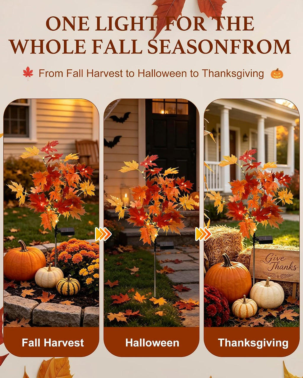 4 Pack Fall Solar Lights,Maple Leaf Solar Stake Lights Outdoor Decorations | 276 LED Fall Solar Lights Outdoor Decorative IP65 Waterproof for Yard,Patios,Pathway,Garden,Harvest,Halloween,Thanksgiving