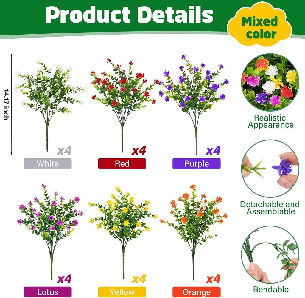 24 Bundles Artificial Flowers for Outdoors, Mixed Color | Faux plastic flowers, UV resistant, fake greenery shrubs plants, spring summer porch window garden planter home decor
