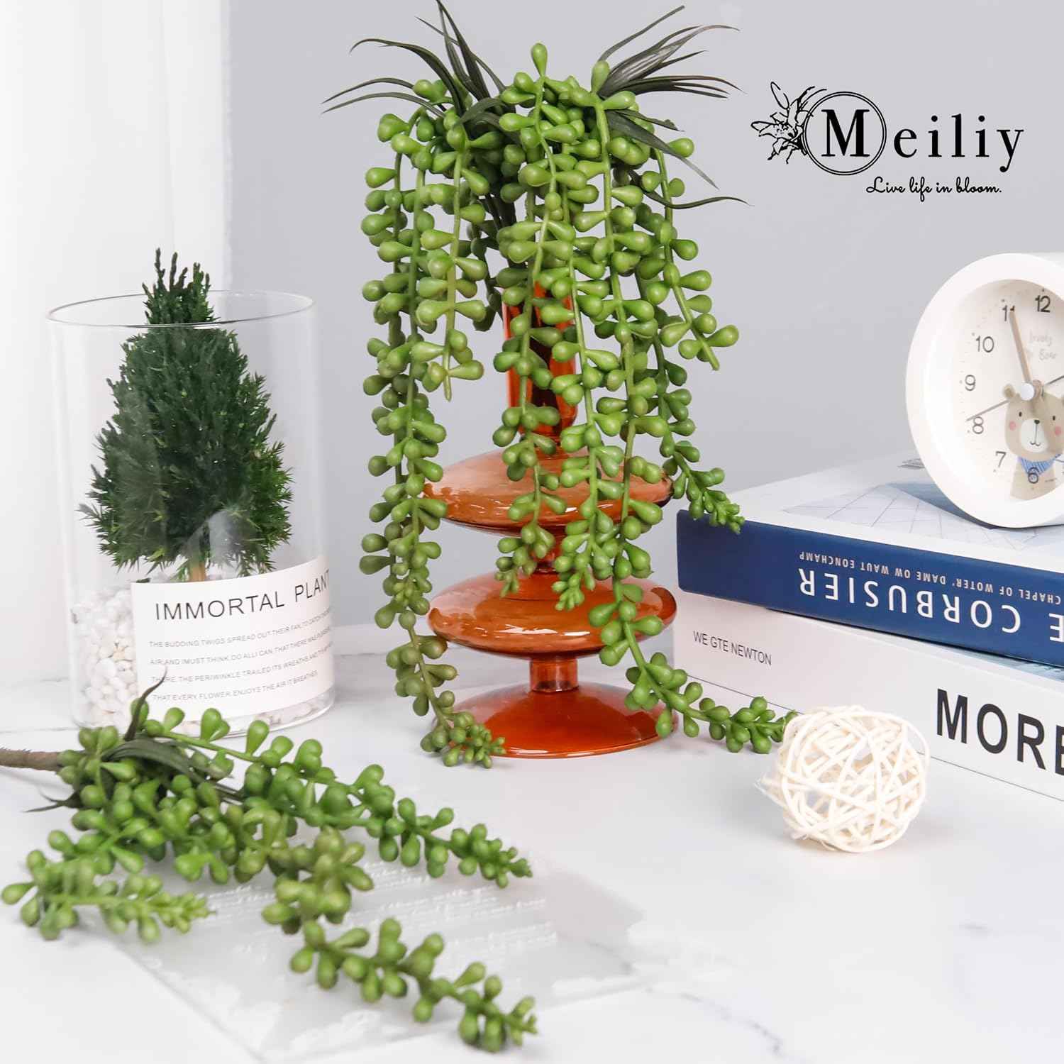 Meiliy 4pcs Artificial Succulent Plants Hanging Succulent Plants Faux Succulents Unpotted Branch String of Pearls Plant for Home Kitchen Office Wedding Garden Craft Art Indoor Decor | Soft rubber faux hanging succulents with natural tones and gentle dr...