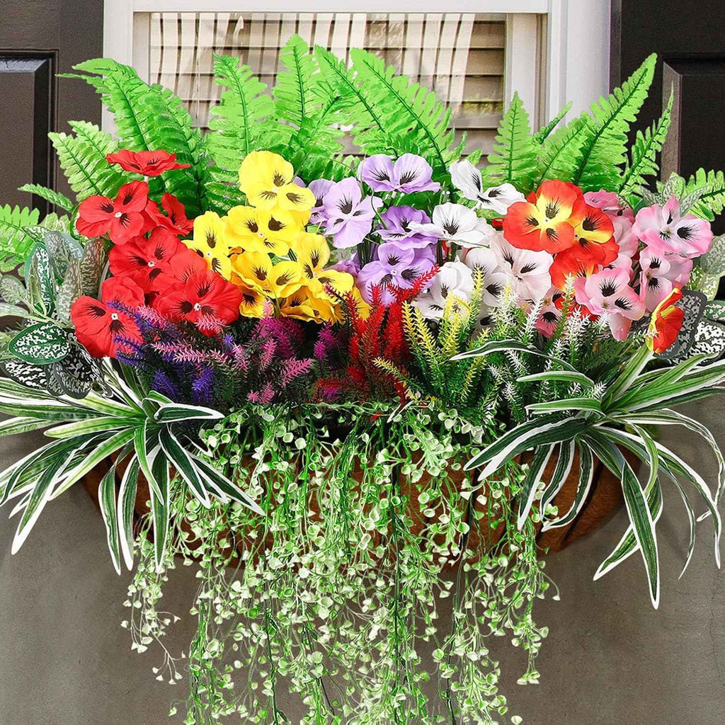 Daifunli 24 Pcs Artificial Plants for Outdoor, Fake Flowers Greenery UV Resistant Faux Plant Stems Shrubs Hanging Porch Patio Garden Window Box Home Wedding Summer Spring Decor(Mix Color)
