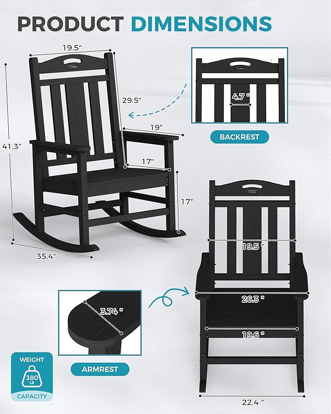 Ciokea Oversized Outdoor Rocking Chair, 380lbs Heavy-Duty Large Patio Rocker - Image 3