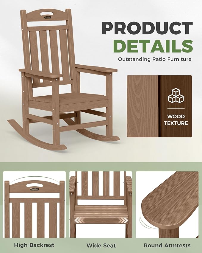 Oversized Rocking Chair Outdoor, High Back Porch Rocker Chair, HDPE All Weather - Image 6
