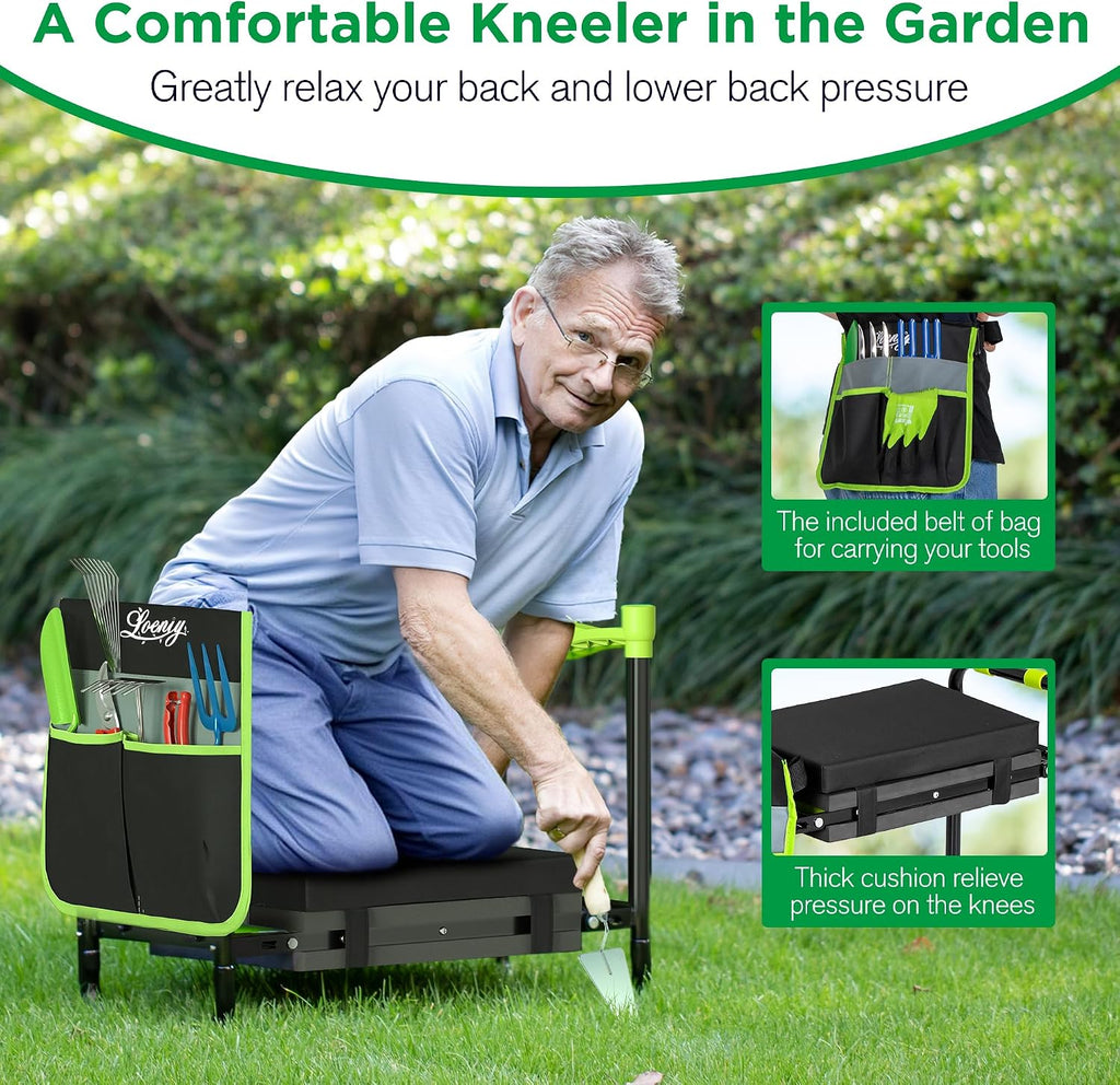 10.8” Wide Garden Kneeler and Seat, Heavy Duty Foldable Garden Stool | Included Thickened Kneeling Pad, Portable Gardening Bench Chair for Seniors & Parents with Tool Belt Pouch