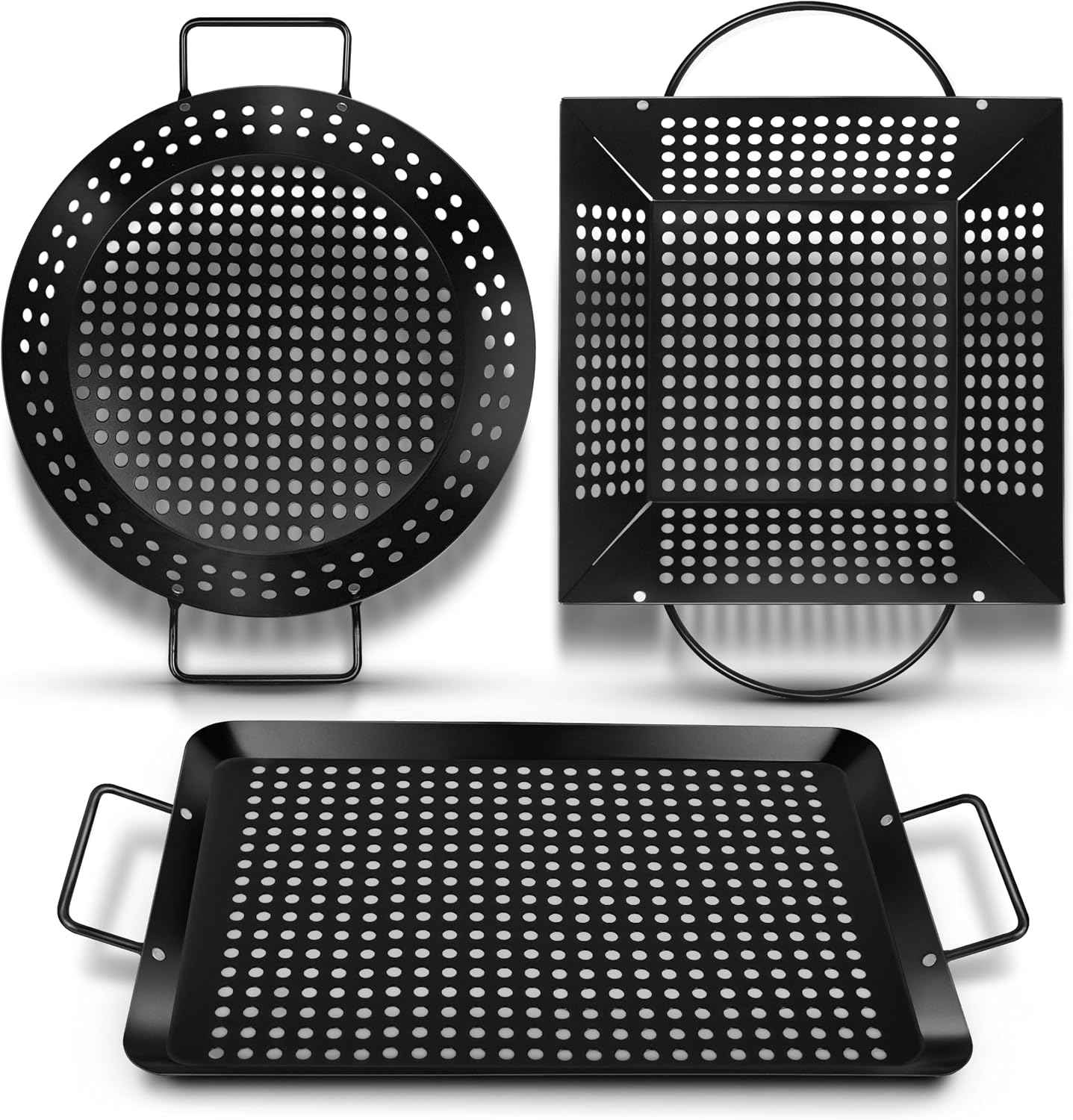 Qetumst Large 3 PCS Grill Basket Set for Outdoor Grill, Veggie Grilling Pan | Heavy duty grilling accessories. Vegetable grill baskets for veggies, seafood & meat. Warp resistant grill pan with handles.