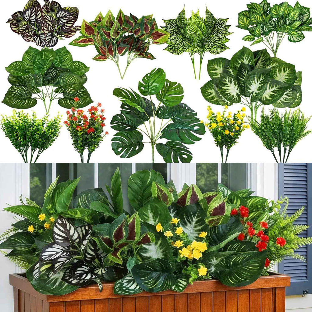 25 Bundles Outdoor Artificial Plants and Flowers Greenery Stems UV Resistant Fake Stems Plastic Leaves for Front Porch Home Decor Garden Porch Planter Window Box
