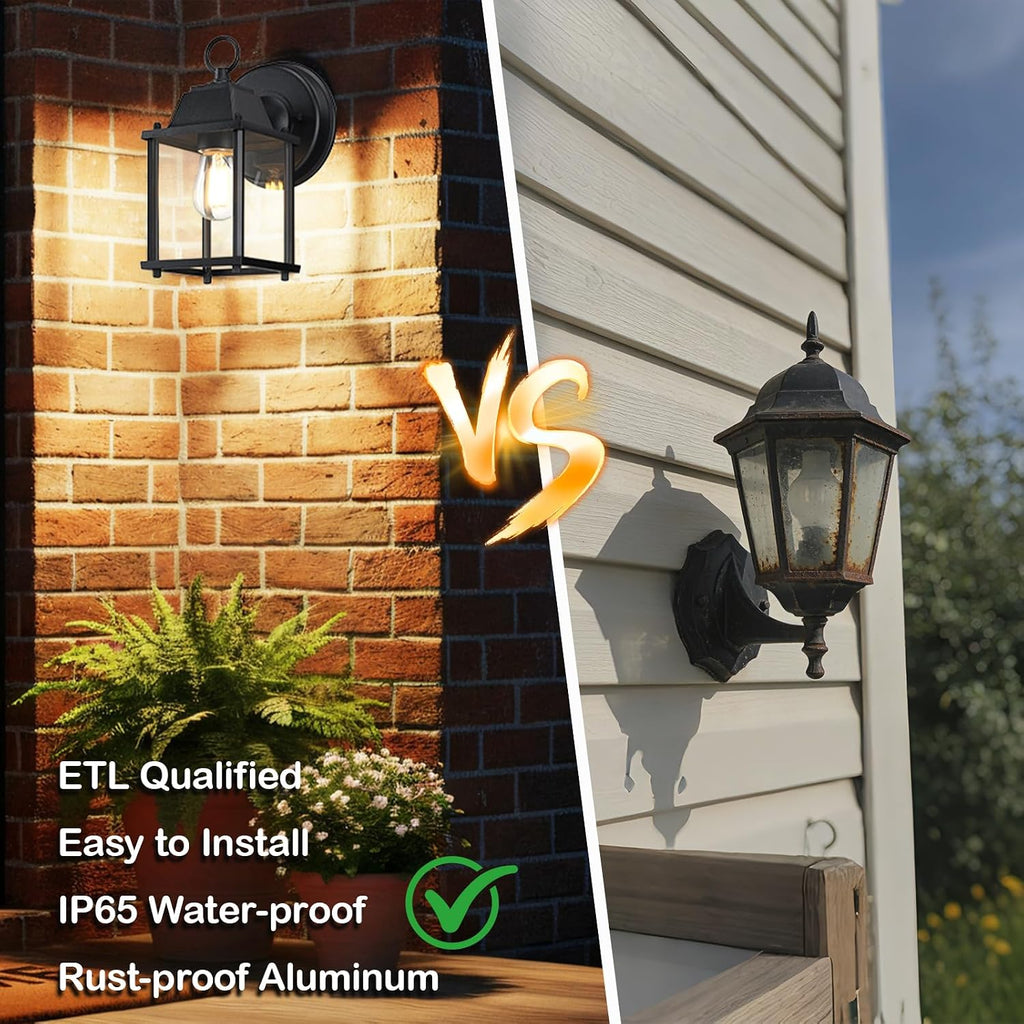 LIT-PaTH Outdoor Wall Light Fixture, Aluminum Glass, Black, 1 Pack | Exterior Porch Light Wall Sconce Lantern for House, Patio, Garage, Waterproof, E26 Socket 60W Max