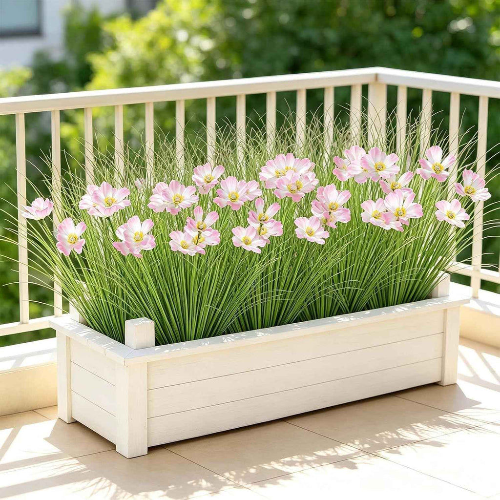24 Bundles Artificial Onion Grass with Flowers Outdoor Tall Fake Shrubs | UXORSN UV Resistant Onion Grass with Pink Flowers Faux Greenery Stems Artificial Bushes for Garden Porch Window Box Decor