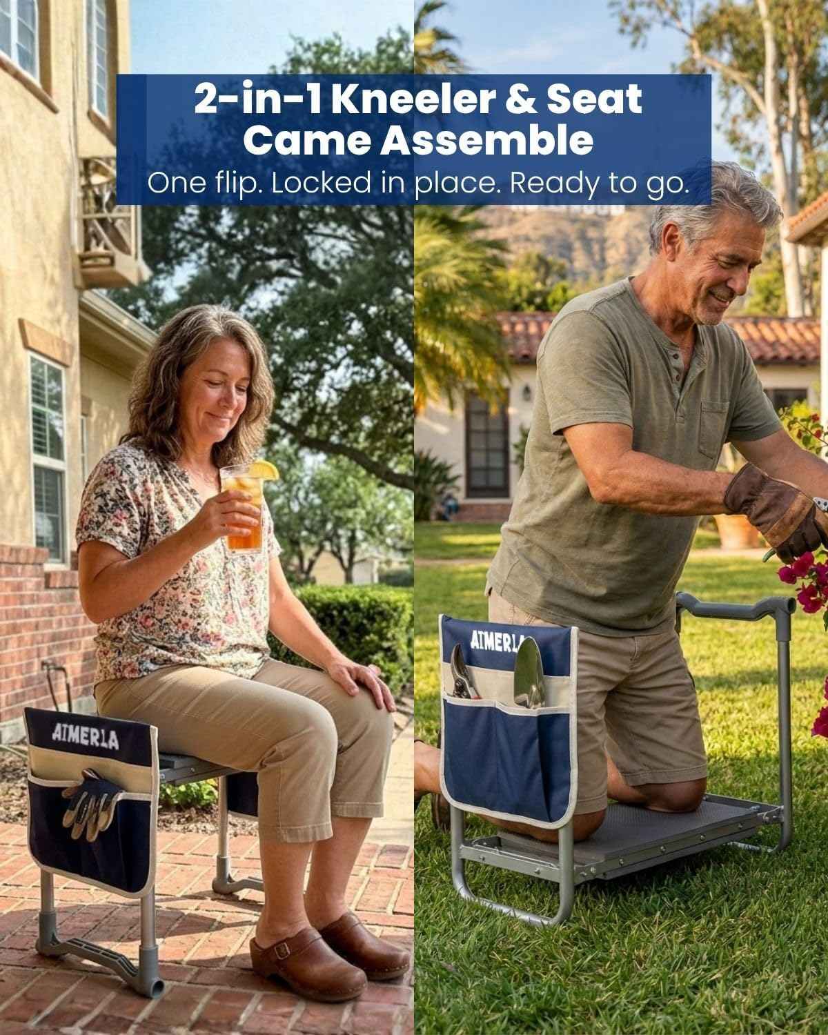 Aimerla Foldable Garden Kneeler Seat Heavy Duty [Upgraded Widened Thick Kneeling Pad] Garden Stool with Large Garden Tool Bags with Pockets - Portable Garden Bench Gardening Gifts for Parents