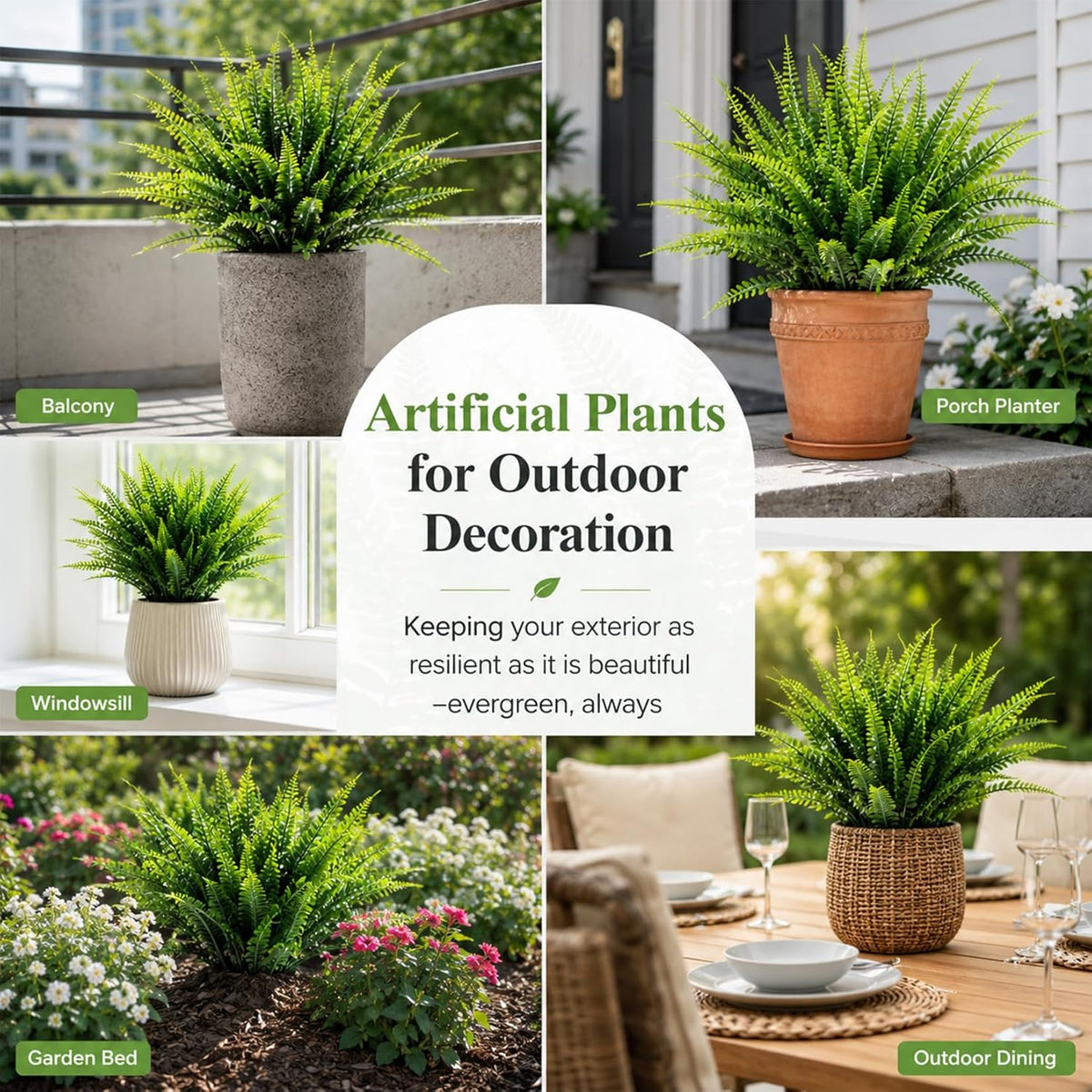 MAQIHAN 10PCS Fake Fern for Outdoor - Artificial Boston Fern Stems Decor | Realistic Fake Greenery for Large Planters, Vase, Porch, Patio, Garden Decor, Faux Plants for Indoor, Outdoor Home Decoration