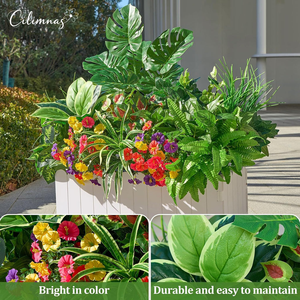 Artificial Plants Outdoor 18PCS UV Resistant Greenery&Flowers | Highly Realistic Faux Plant Outside with Stems for Front Proch Garden Patio Planters Window Boxes Home Decor