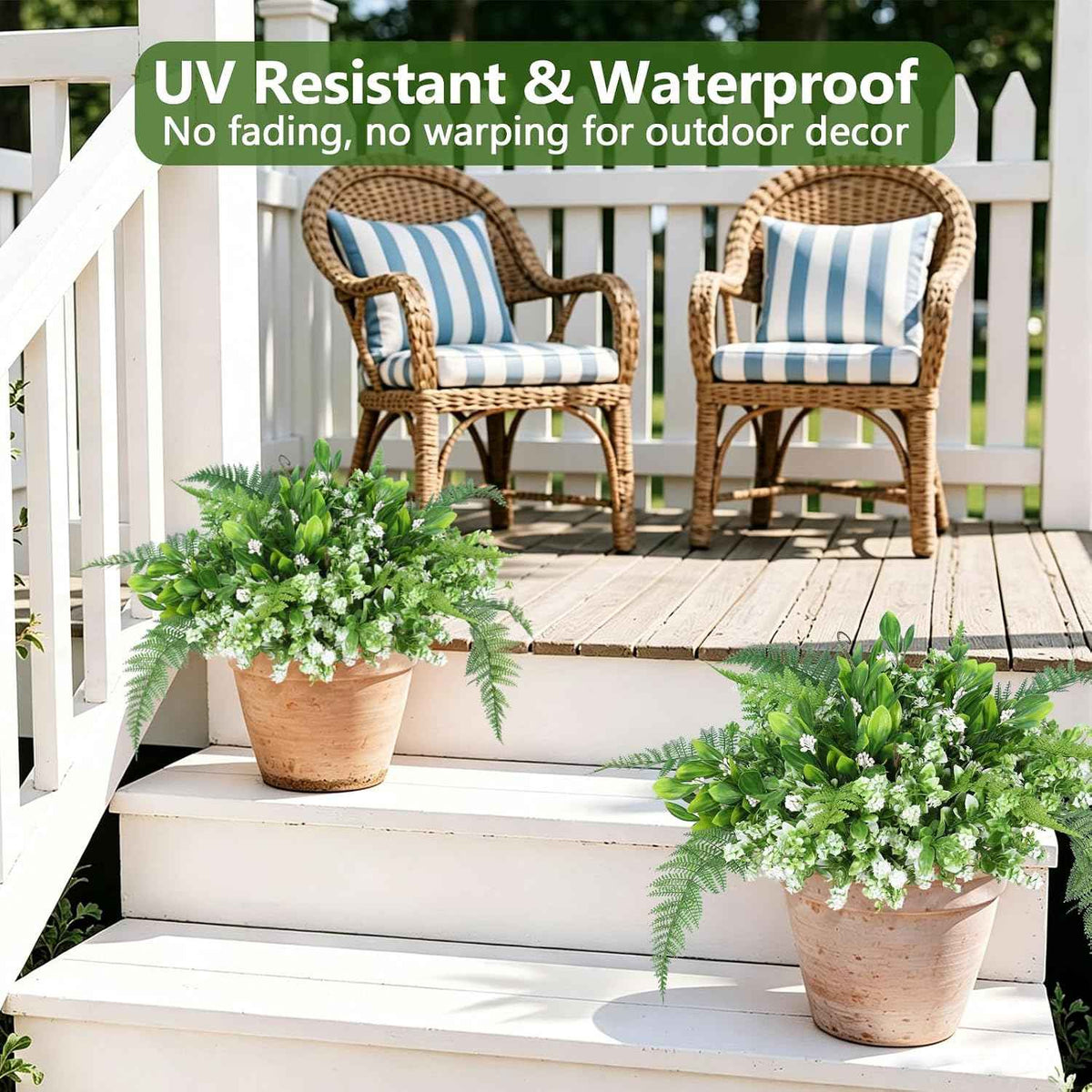 RECUTMS Faux Fern Flowers Plants Set for Outdoors 11 Bundles UV Resistant | Fake Fern,Eucalyptus Shrub with Rose&Berry Bunches for Home Patio Garden Window Box Front Door Porch Yard Planter Decor White