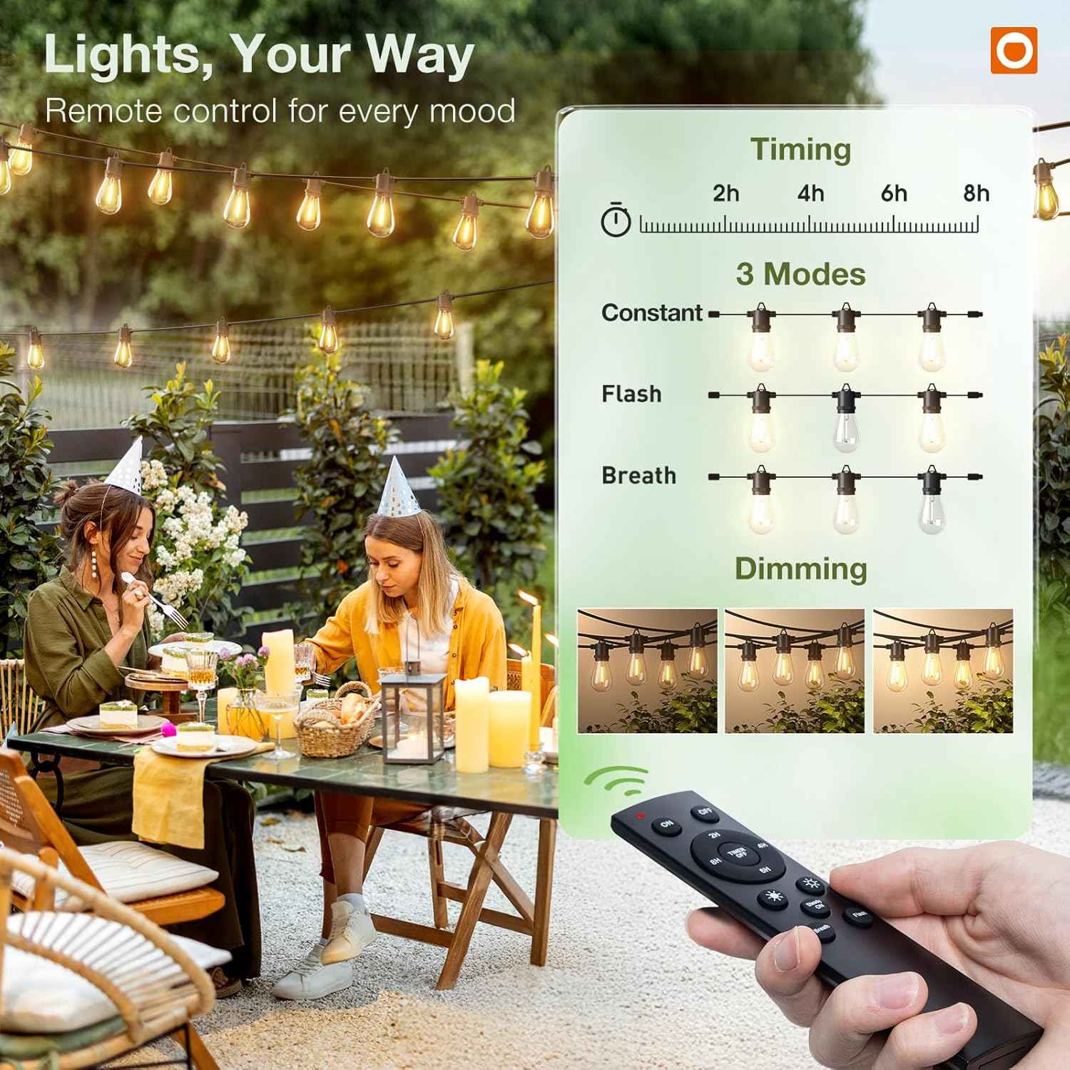 addlon 100FT Outdoor String Lights LED with Remote Dimmable Waterproof | Timer & 3 Lighting Modes, Shatterproof Edison Bulbs, Connectable Hanging Strand for Patio Outside Backyard Porch Party Décor