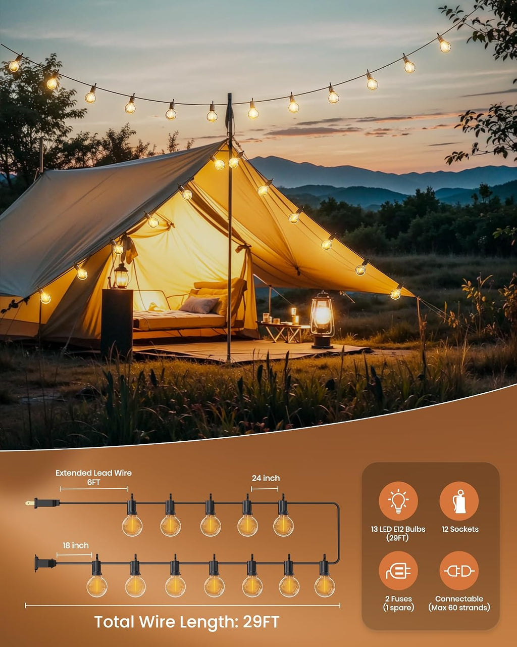 Brightown Outdoor String Lights, 29FT G40 LED IP65 Waterproof Patio Lights | 12 Shatterproof Edison Bulbs, Plug-In, Dimmable, Connectable, Hanging Light for Backyard Porch Party Decor, Warm White