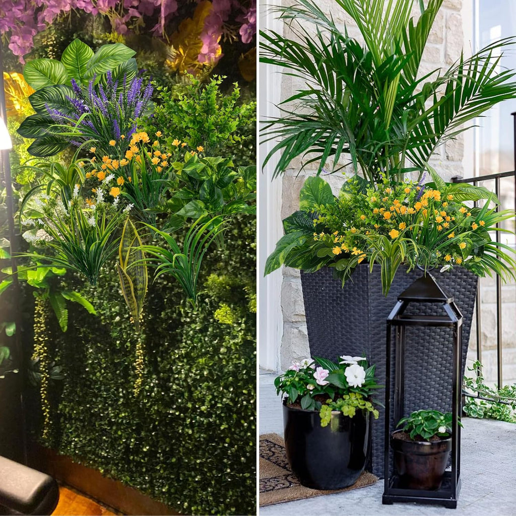 GTIDEA 19 Pcs Outdoor Faux Plants Artificial Plants & Flowers, UV Resistant | Fake Plastic Leaves Greenery Stems for Outside Window Box Hanging Baskets Garden Patio Front Porch Decor