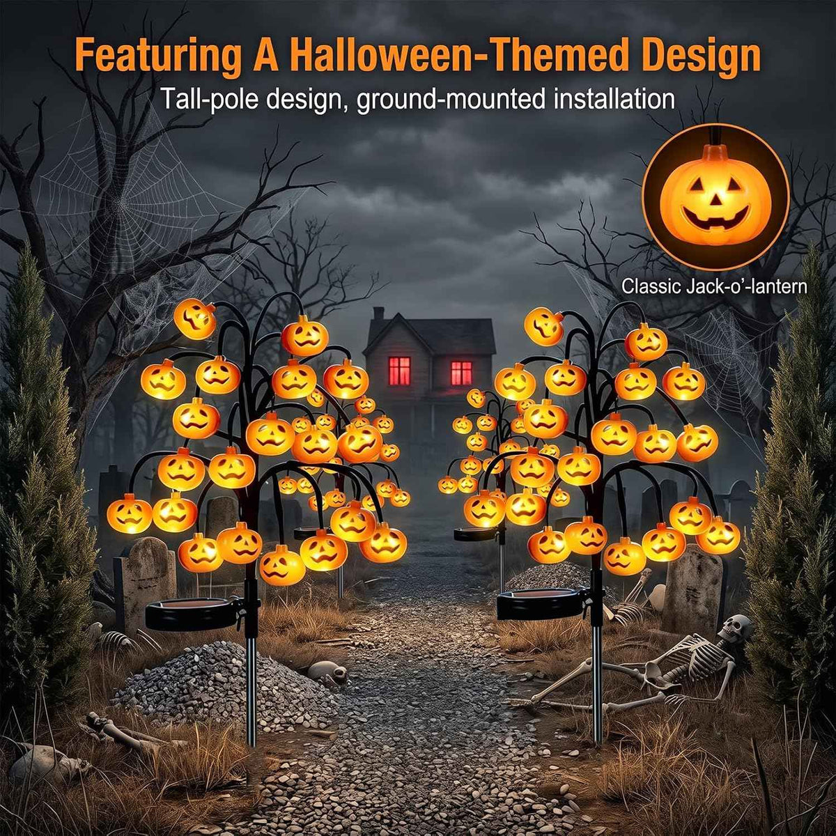 2PCS Solar Pumpkin Stake Pathway Lights, IP65 Waterproof Halloween Outdoor Decor with Steady On & Flash Lighting Modes，Solar-Powered Decor for Garden Yard Lawn Halloween Party (Yellow Pumpkin)