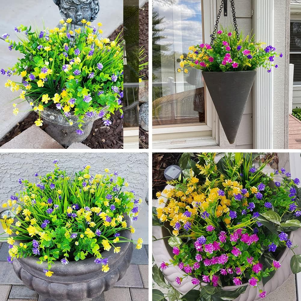 12 Bundles Outdoor Artificial Fake Flowers UV Resistant No Fade Boxwood Faux Plastic Shrubs Plants for Garden Patio Porch Window Box Home Wedding Farmhouse Hanging Décor